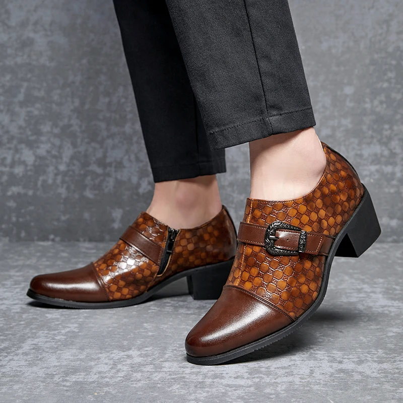 Fashion Brown Dress Shoes For Men Zip High Heels Oxfords Pointed Plus Size 46 Leather Shoes Height Increase Man Wedding Shoes