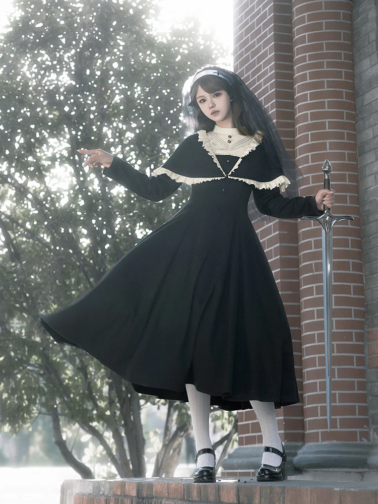 

Withpuji Lolita Vintage Gothic Sister Fake Two Piece Dress Spring Cos Loli Lolita Long Sleeved Solid Color Elegance Dress