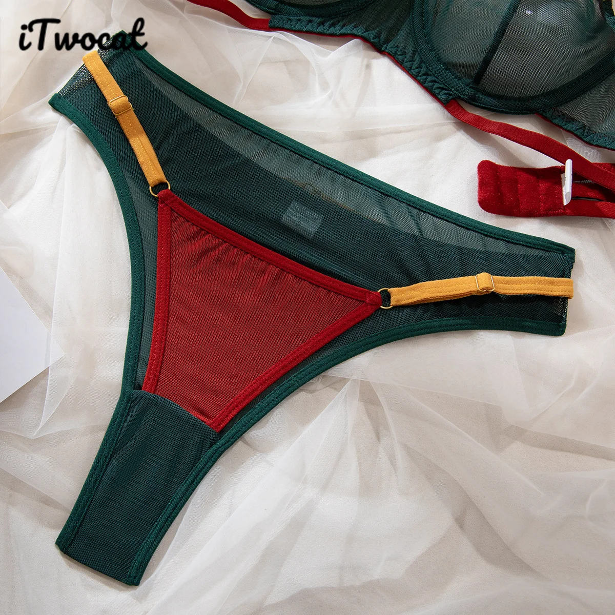 ITwocat-Conjunto de lencería Sexy para mujer, ropa femenina con perspectiva de retazos, sujetadores rojos y verdes y traje de Tanga, ropa Sexy para mujer