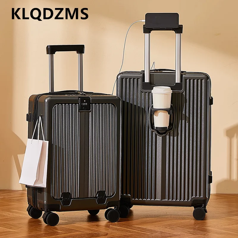 

KLQDZMS 20"22"24"26Inch USB Charging Suitcase Front Opening Laptop Boarding Case PC Trolley Case Universal Wheel Rolling Luggage