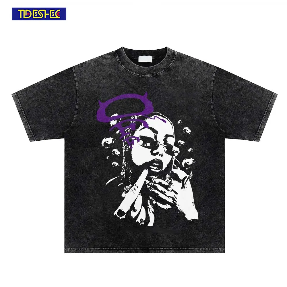 

Vintage Hip Hop Fashion Gothic Loose Short Sleeve Harajuku Punk Loose Casual Rock Graphic Print T-shirt Streetwear Black Top Tee