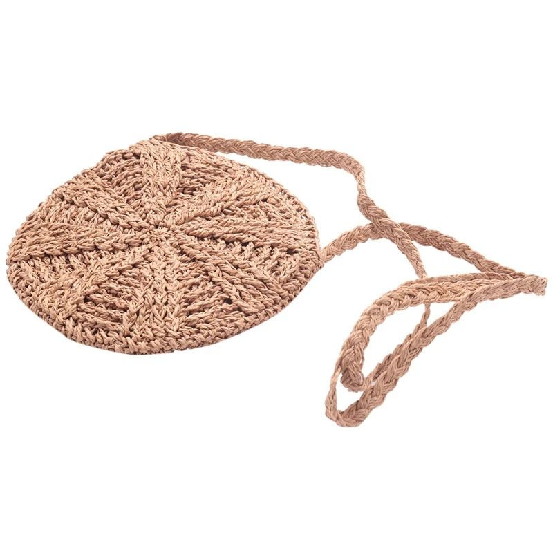 

4X Rattan Crochet Straw Woven Basket Bali Handbag Round Circle Crossbody Shopper Beach Tote Bag(Light Brown)