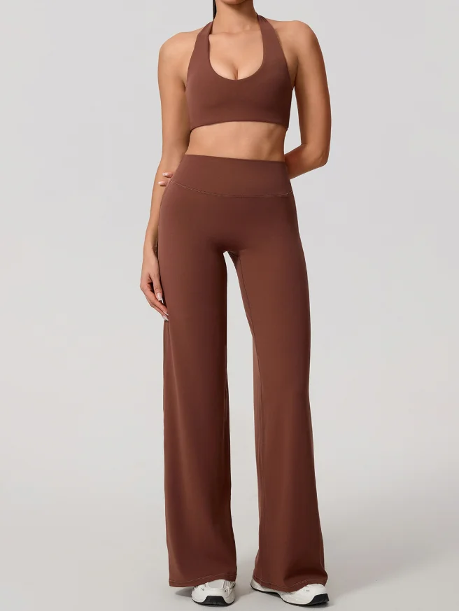 Hollow long-sleeved yoga clothes with chest pads, fitness tops, drape pants, sportswear sets.