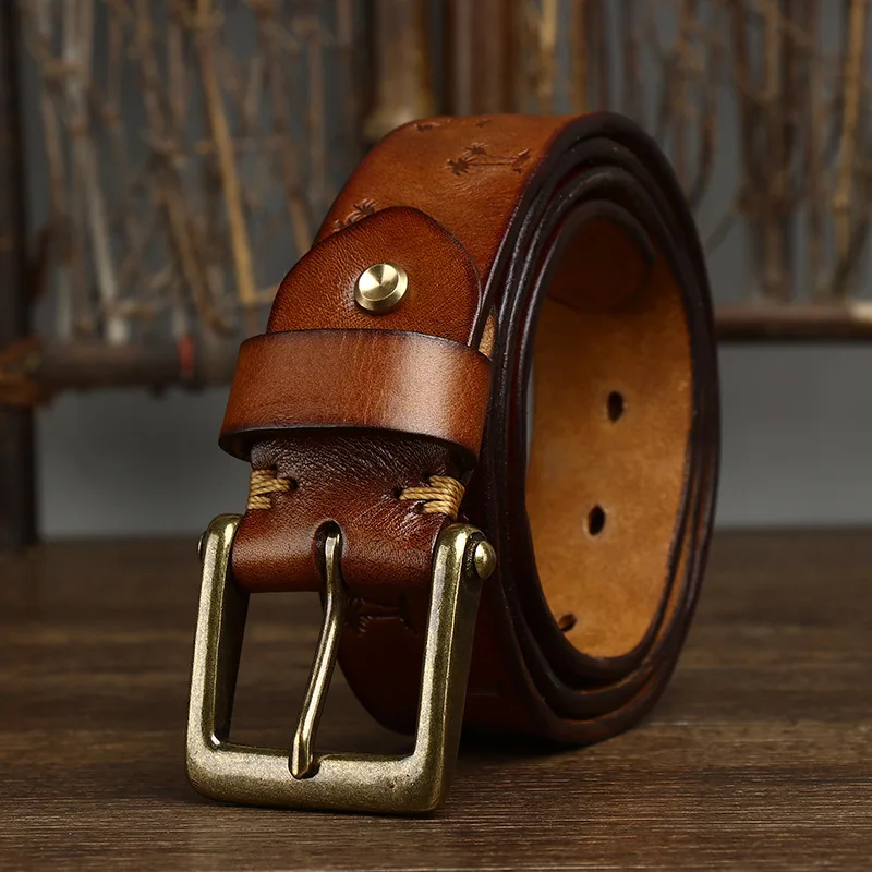 3.8CM Retro Korean Machine Pressed Pattern Italian Plant Tanned Belt Men's Genuine Leather Pure Cowhide Copper Buckle Belt