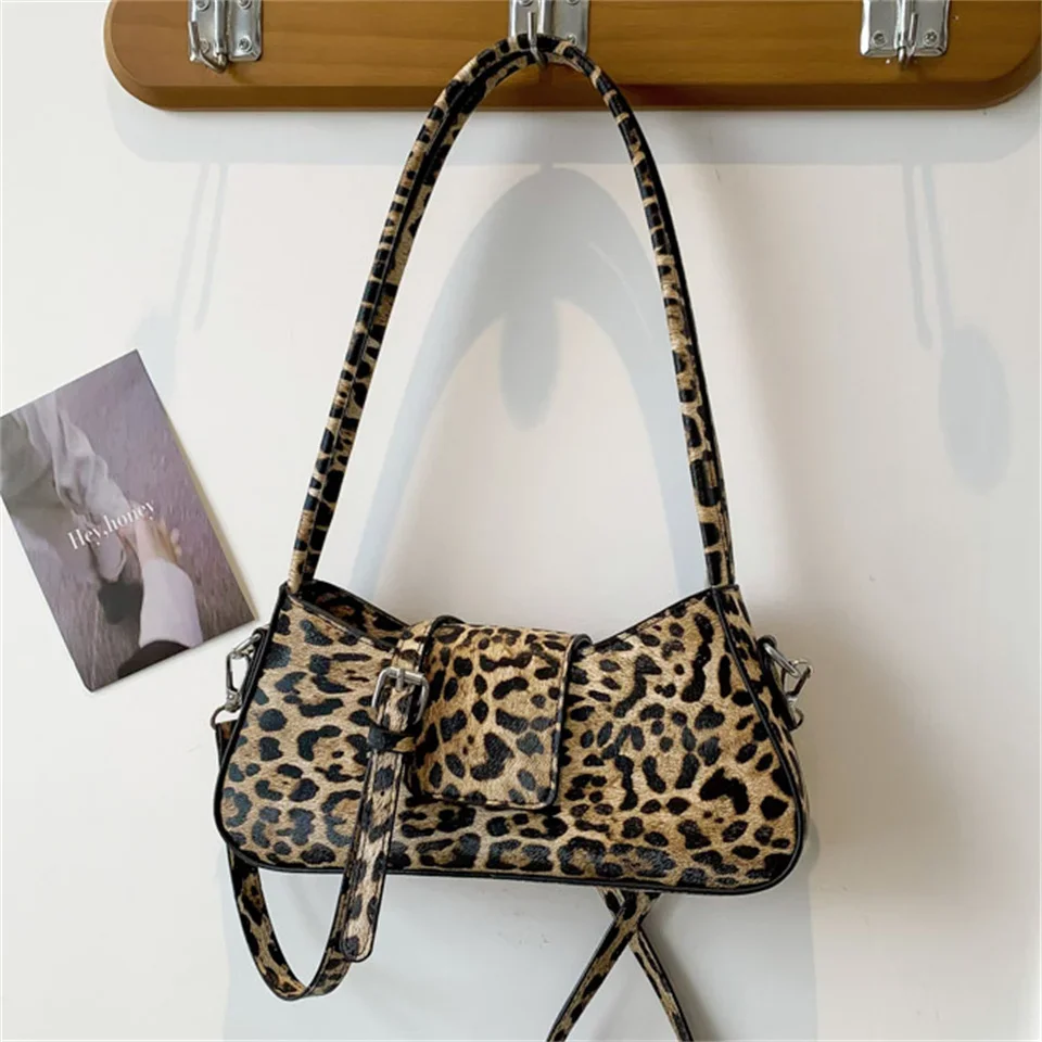 

French Style Underarm Bag for Women Brown Black Leopard Handbag Clutch Bag Female Vintage PU Leather Crossbody Bags Versatile