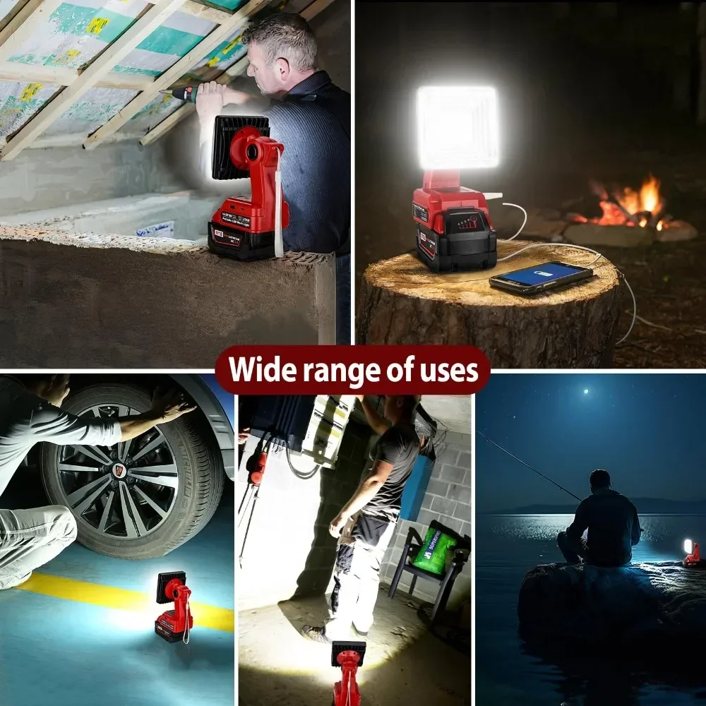 Rechargeable Camping Light for Milwaukee 18V Lithium Batteries Portable LED Work Light with USB Port for Work Sites Emergencies
