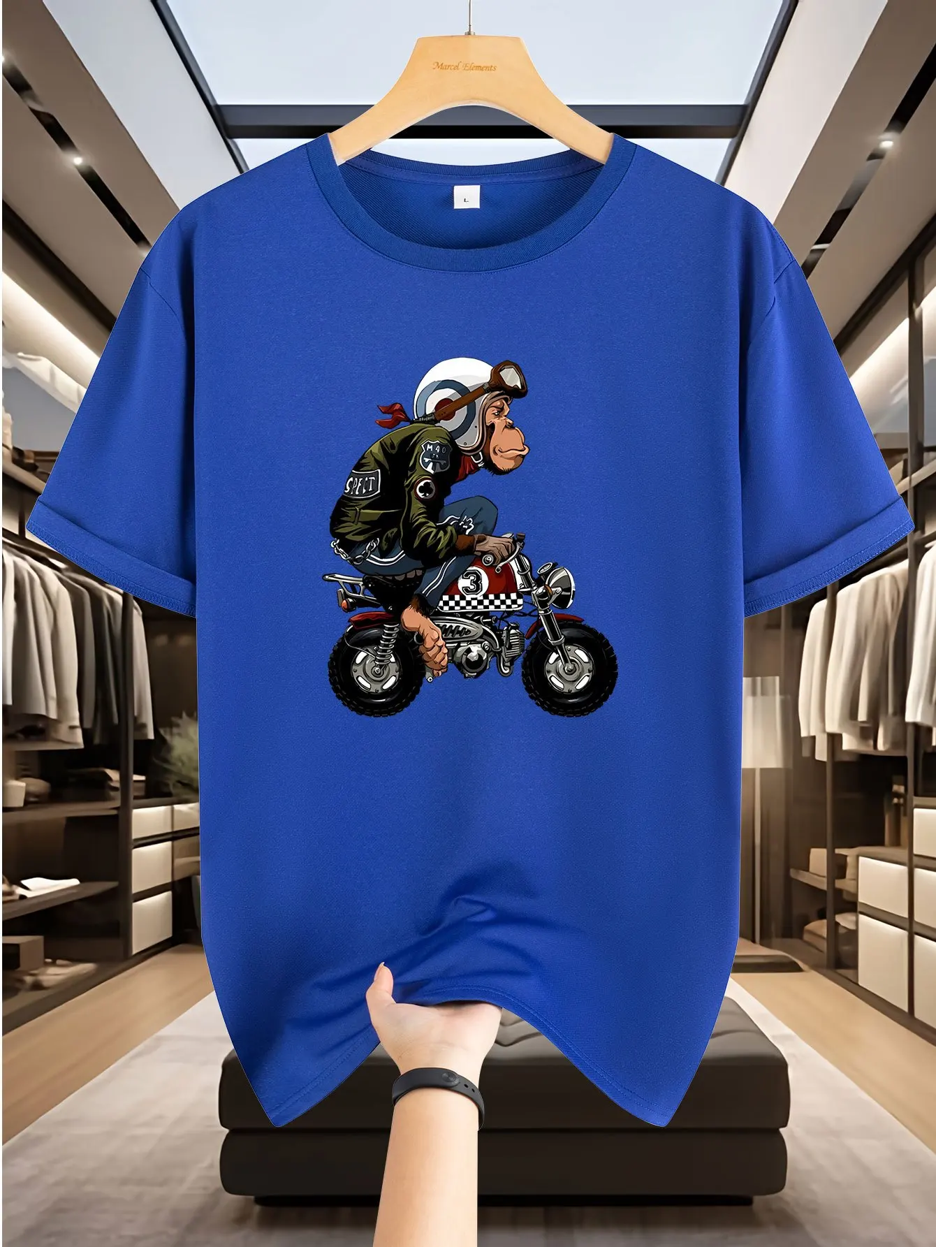 

Men's fashion pattern, with monkey riding motorcycle pattern, summer cotton casual round neck short sleeve T-shirt.