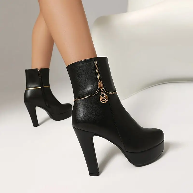 

Fashion Women Ankle Boots Round Toe 11.5cm Block Heel 3cm Platform Zipper Plus Size 46 47 Female Short Winter