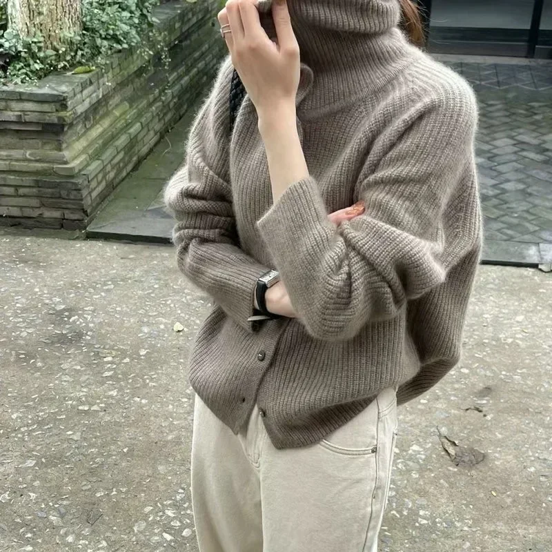 2024 Turtleneck Cardigan Ladies Sweater Autumn and Winter Loose Thickened Sweater Knitted Coat