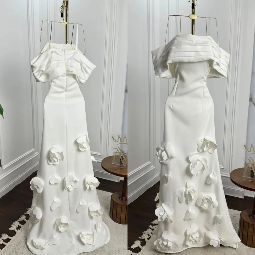 

Customized Delicate White Jersey Evening Dress Exquisite Off the Shoulder Flowers Sweep Train Party Dress Vestido De Festa