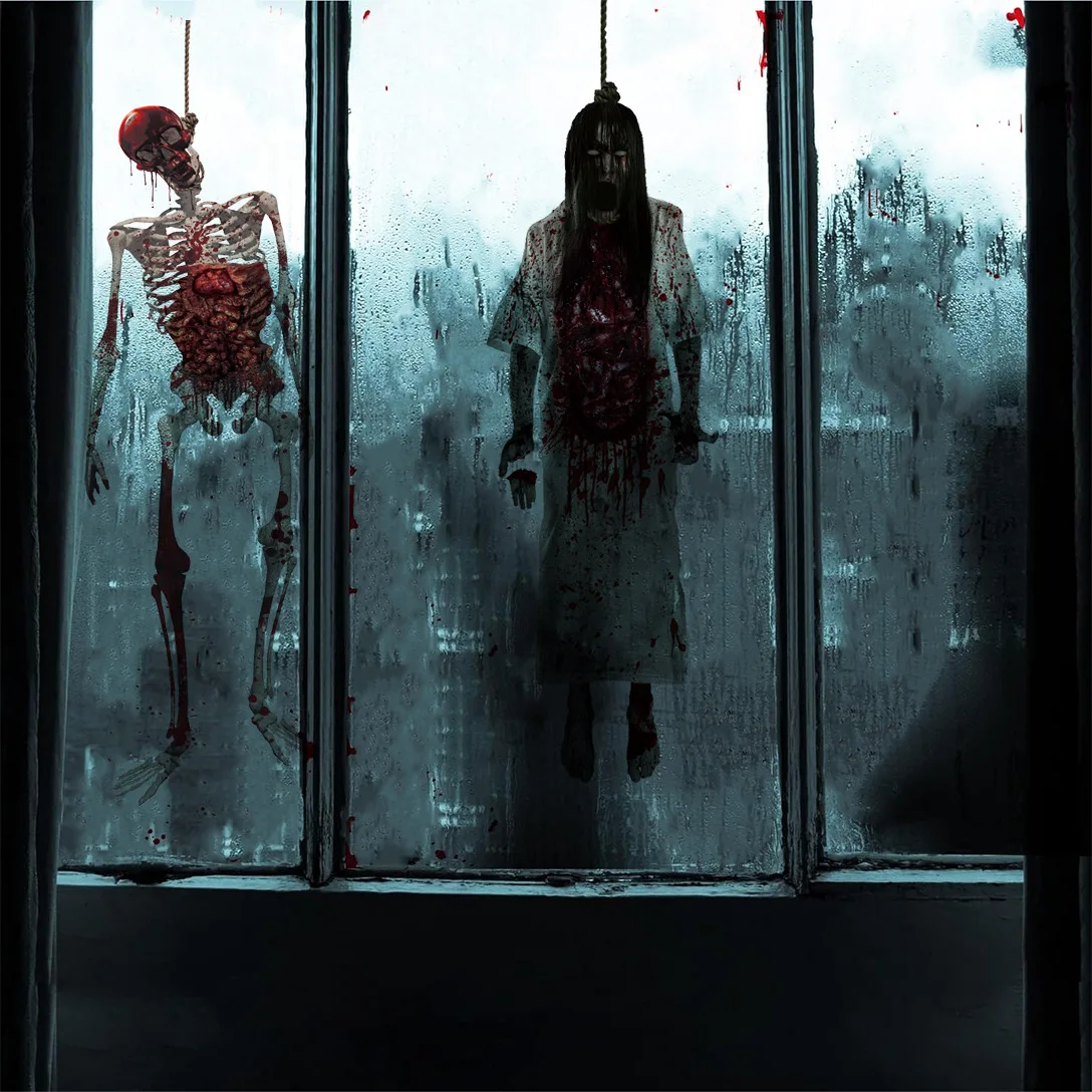 جديد هالوين الهيكل العظمي نافذة ملصق الرهيبة أنثى شبح جدار الزجاج ملصق مائي لحفلة الهالوين منزل مسكون ديكور المنزل الدعائم