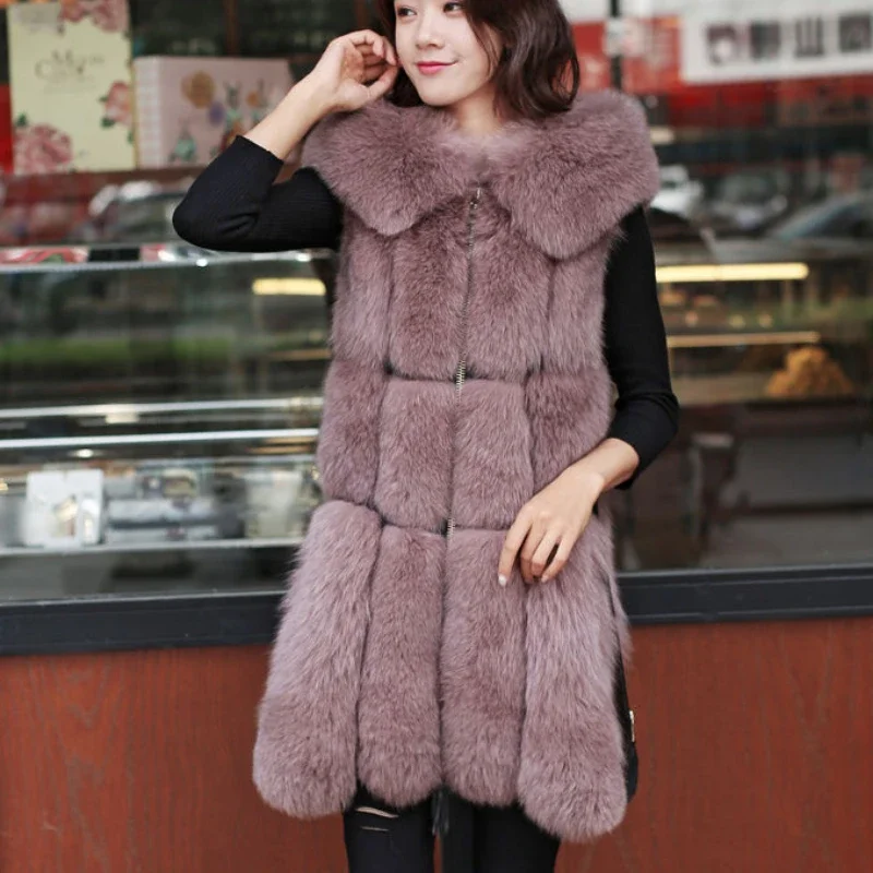 2023 Autumn Winter New Women Faux Fox Fur Coat Mid Length Version Hooded Waistcoat Thicken Warm Casual Outwear Fashion Slim Top