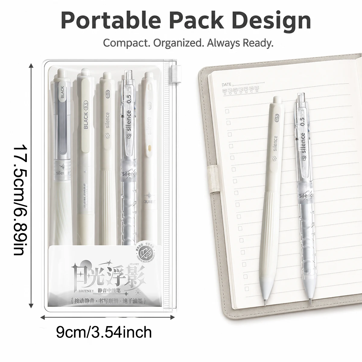 Silent telescopic gel pen -0.5mm black ink, no click noise smooth writing pen, 5 minimalist white pen sets