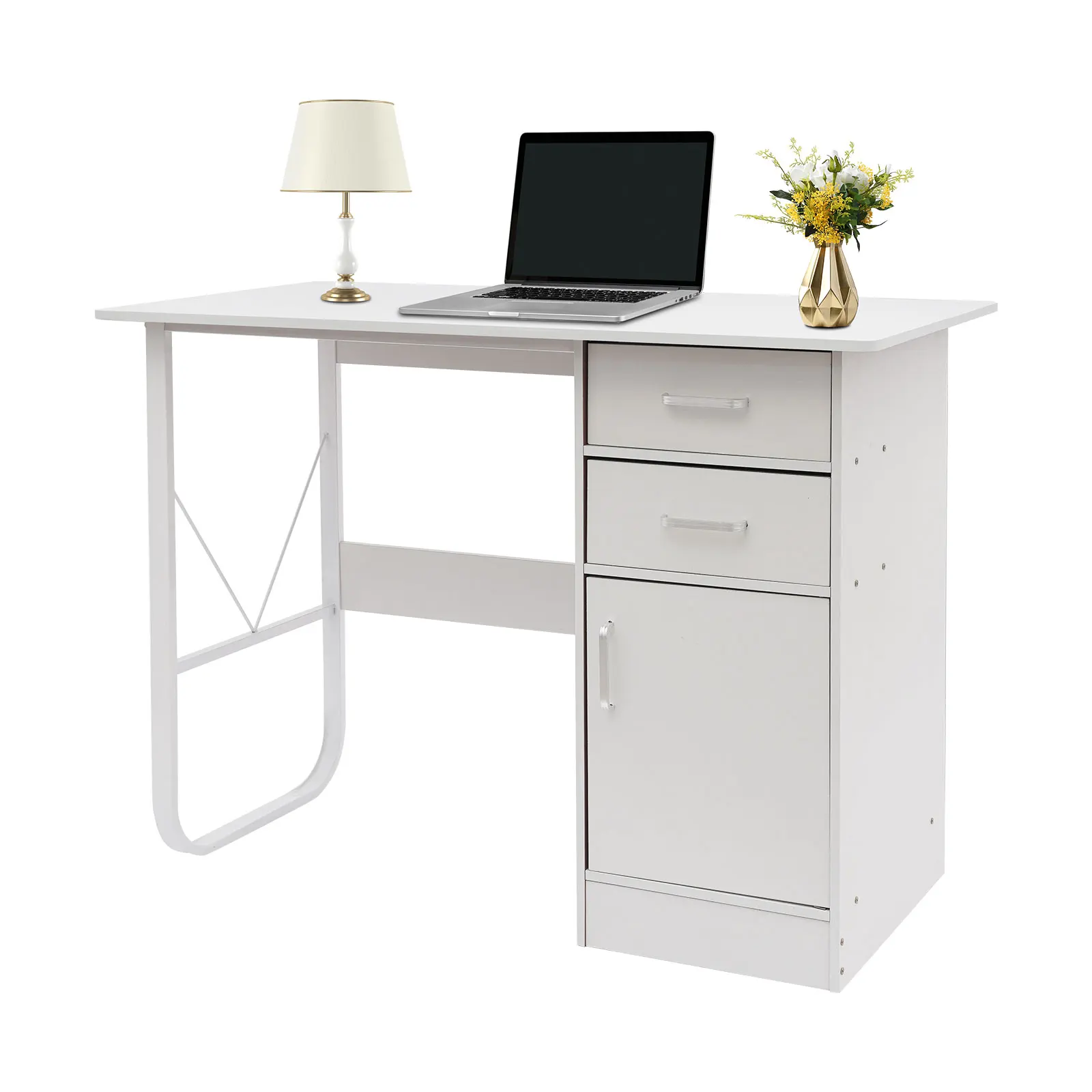 

40 Inch Small Computer Desk with 2 Drawers & Storage Cabinet, Modern Home Office Desk Writing Study Table for Bedroom, Gaming Laptop PC Desk, Warm White