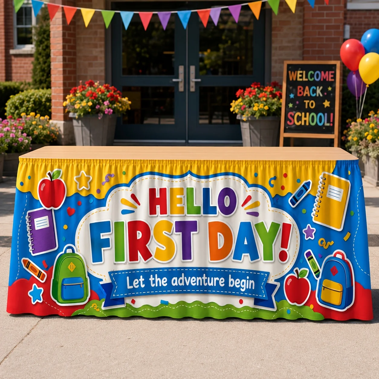 Send a tablecloth. 1-piece set. Hello. Theme tablecloth design for the first day of school. Colorful back-to-school.zyc