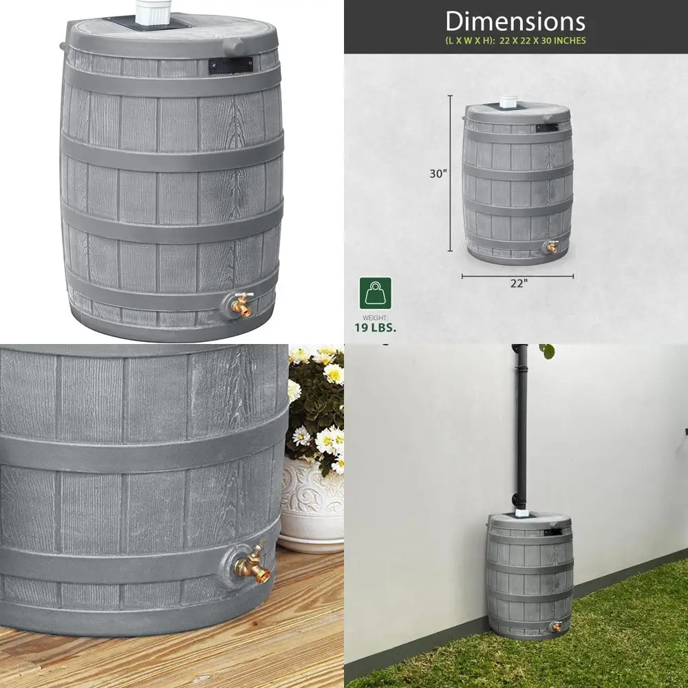 خزان تخزين مياه الأمطار البلاستيكي الخارجي بسعة كبيرة سعة 50 جالونًا مع صنبور نحاسي وتصميم منخفض المستوى