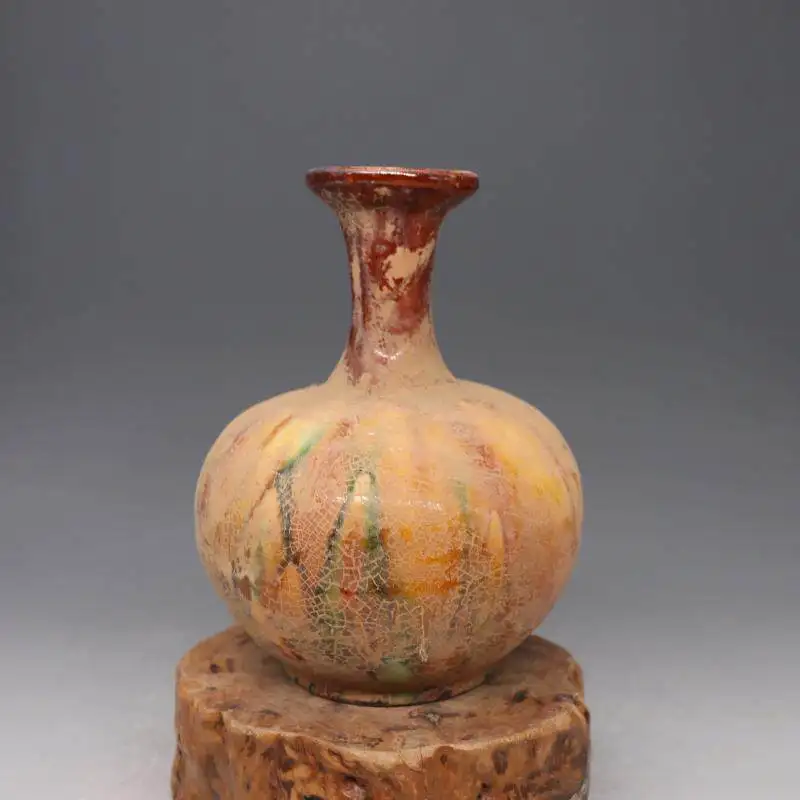 Tri Color Glaze Ceramic Vase Retro Crackle Glaze Flower Vase Home Tabletop Decor Collection Craft Bookshelf Art Ornament