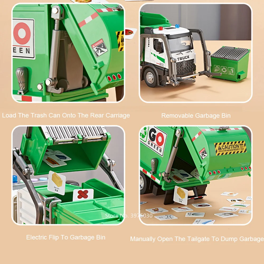 1:18 Electric Sanitation Garbage Truck Toy Cars Model Light Sound Miniature Vehicle Doors Opened Car Children\'s Educational Toys
