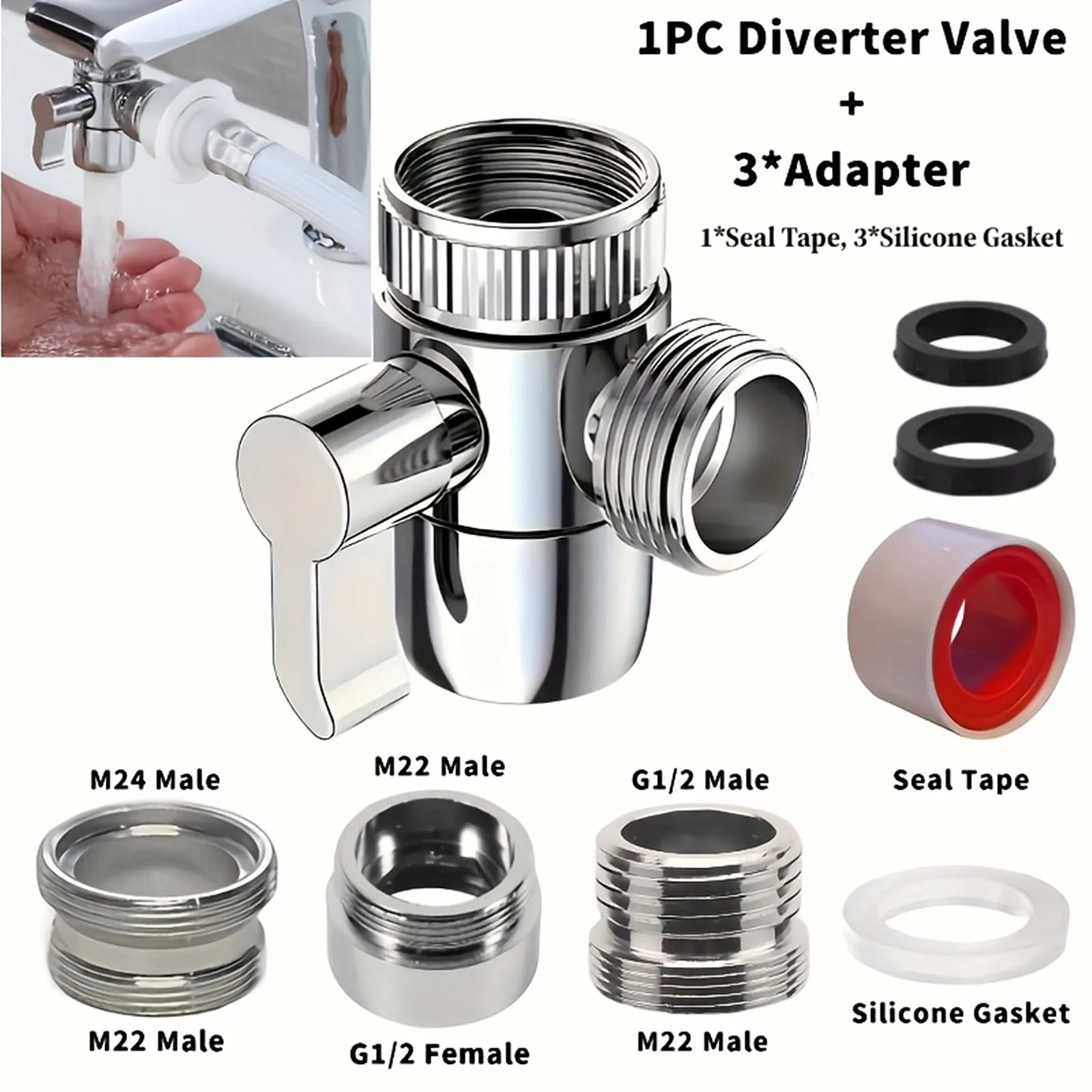 Faucet one in two out three way water separator M22/M24/G1/2 transfer washing machine shower switch water separator valve