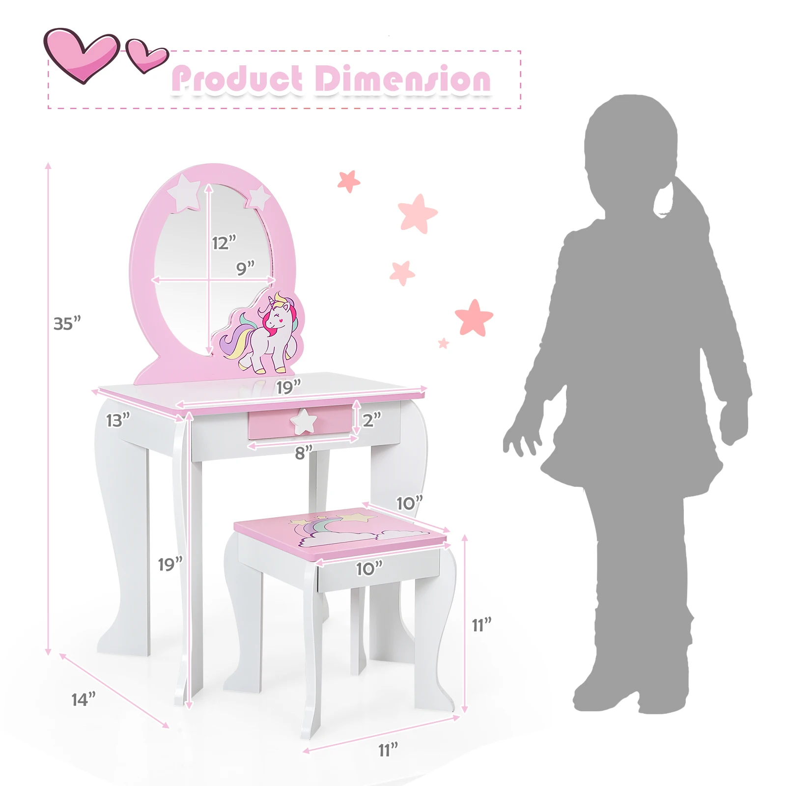 Kids Vanity Makeup Dressing Table Chair Set Wooden W/ Mirror Drawer