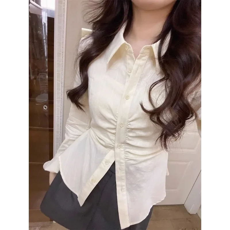 QWEEK Elegant Long Sleeve Blouses Woman Korean Office Ladies Slim Shirt Youthful Chic Button Up Tunic Y2k Vintage Spring Fashion