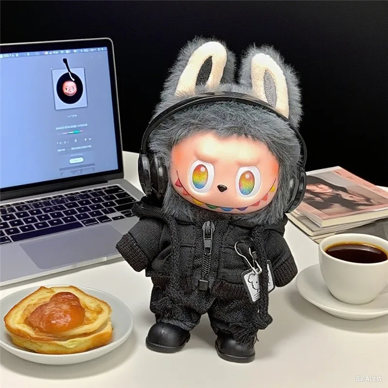 15 17 cm Für Labubu Puppe Cool Boy Mann Leder Jacke Mantel Kleidung Schwarz Zipper Bär Hoodie Schuhe Headset Kleidung zubehör