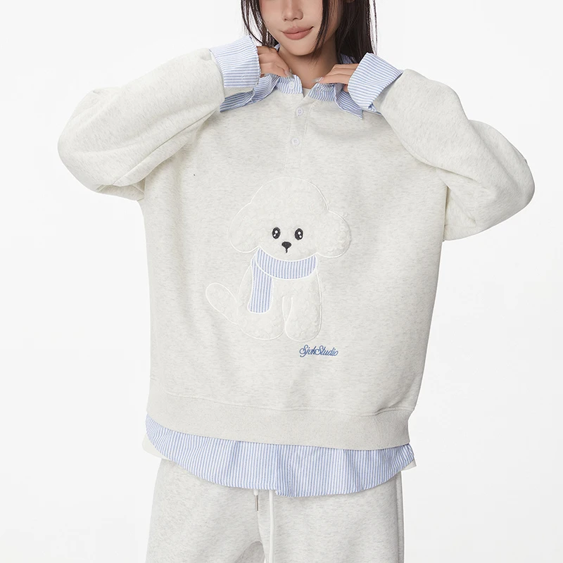 Sudaderas falsas de 2 piezas de manga larga para mujer, jerséis con cuello vuelto y bordado de perro de dibujos animados para mujer, Tops de otoño e invierno 2025