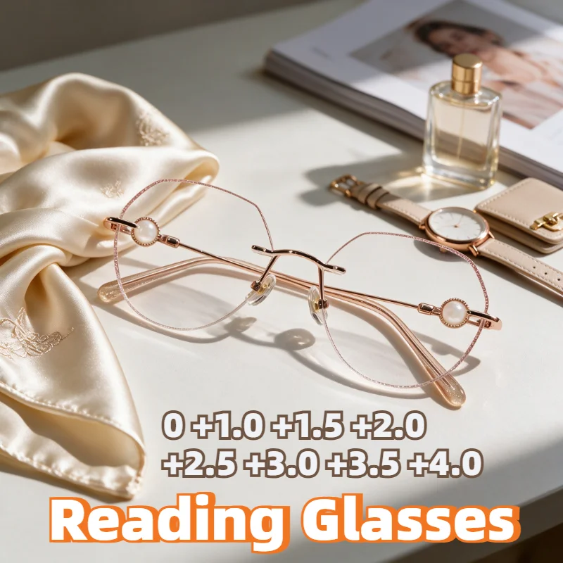 Stylish Lightweight Rimless Reading Glasses Rose Gold Frame with Pearl Trim Fashion Eyewear for Women Daily Diopters 0 To +4.0