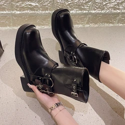 2023 New Mid Thick Heel Ankle Boots Women's British Style Belt Button   Shoes Retro Western Cowboy Knight Short Boot