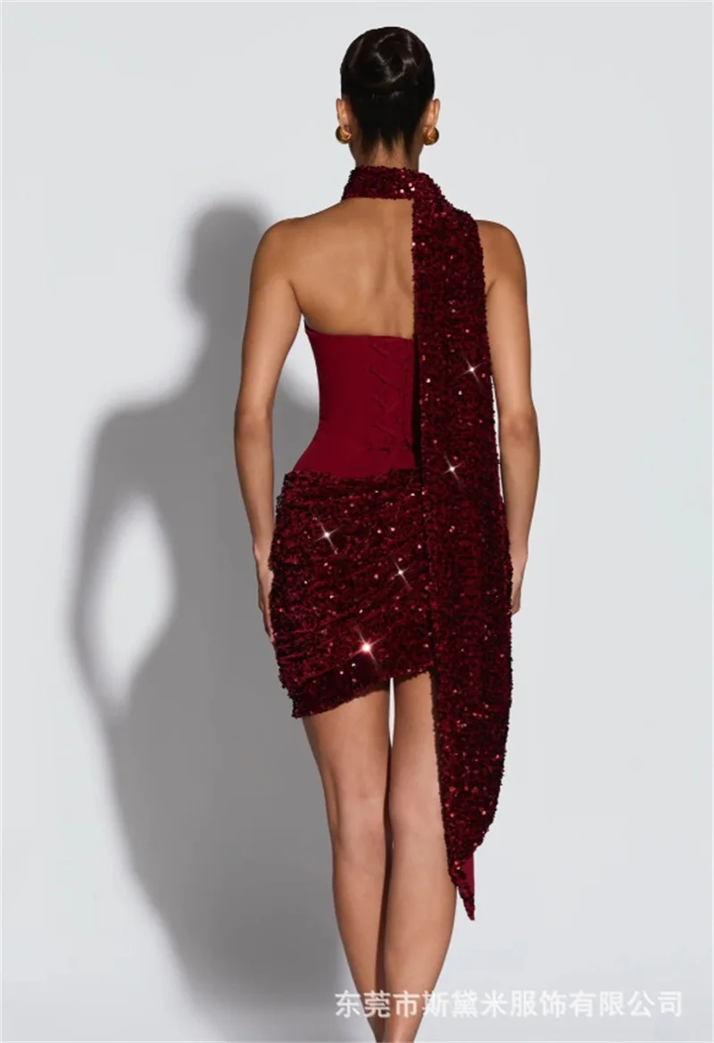 Glitzerndes Burgunder-Abschlussballkleid mit Schal, sexy, ärmellos, mit Schnürung am Rücken, kurzes Mini-formales Hochzeitsabend-Robe, Party-Brautkleid