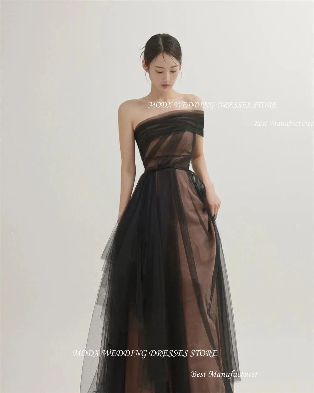 MODX One Shoulder Fairy Black Evening Dresses Wedding Photo shoot Tulle Korea Party Formal Prom Gowns Corset Back Floor Length
