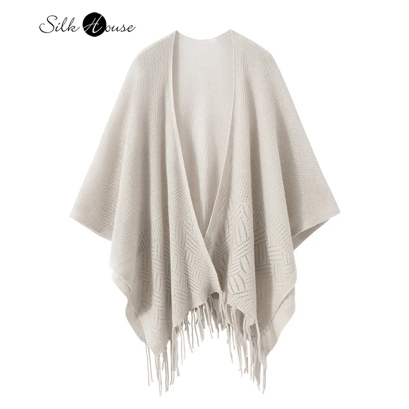 

Hollow Lace Tassel Shawl Women's Folk Style Shawl Paired with Outerwear Cape Cover Solid Color 100% Cashmere Knitted Scarf
