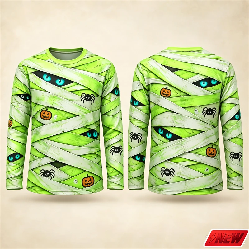 Halloween Fake Bandage Pumpkin Eyeball Pattern Long Sleeve T Shirt Men 3D Print Spider Star Tee Soft Party Novelty Top Unisex