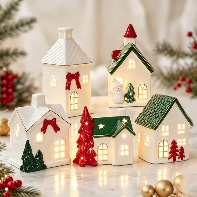 Eingangstisch-Weihnachtsschmuck, Keramik-Dorfhaus-Akzent mit warmer Innenbeleuchtung für die winterliche Regalpräsentation 3XUF – Detail 1