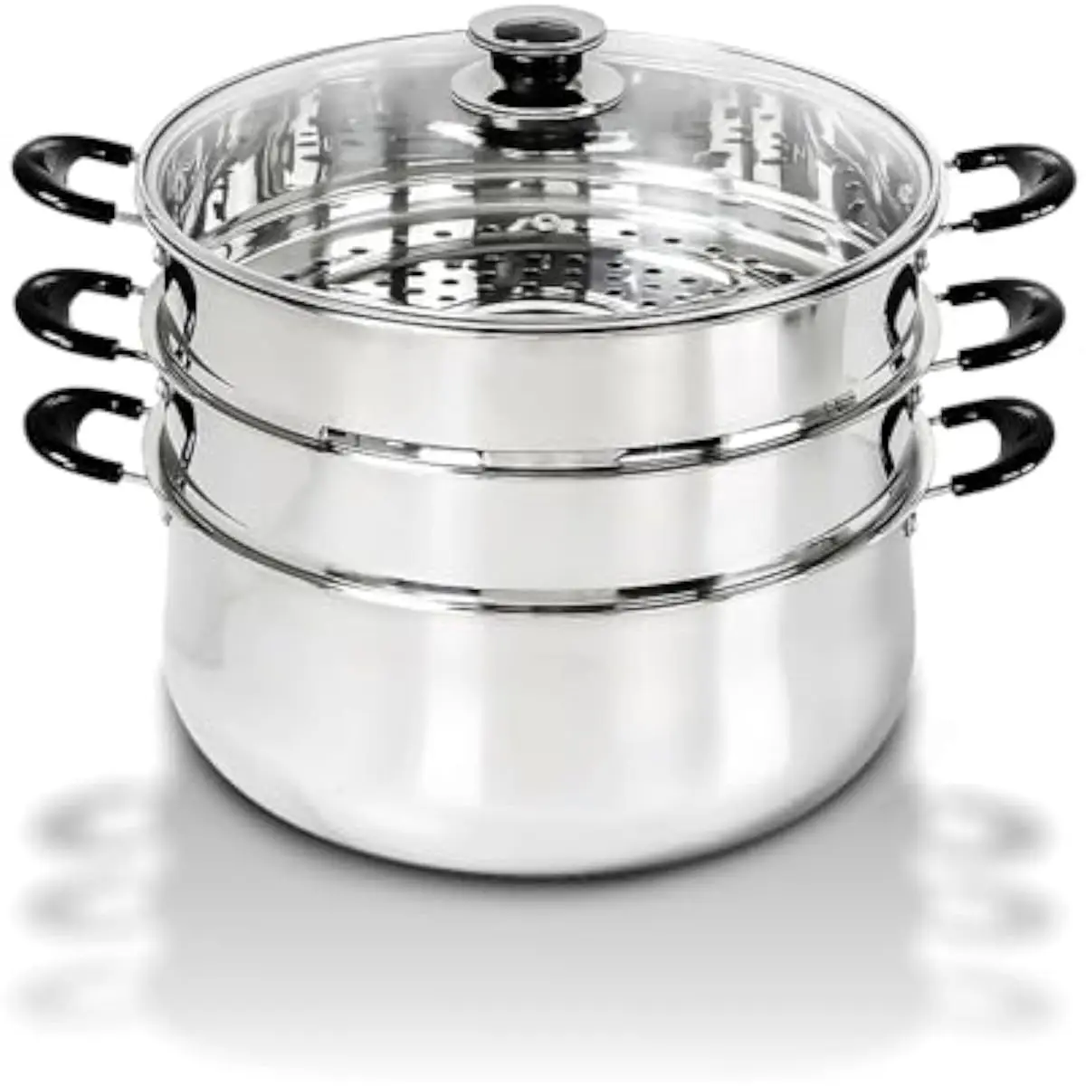 30 cm triple-layer stainless steel multi-level steaming pot with two removable perforated baskets for rice or vegetables ideal f