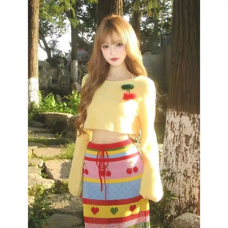 

Женские костюмы для девочек, осень-весна 2024, корейский милый модный короткий свитер с вишневым узором, длинная юбка, комплект из 2 предметов