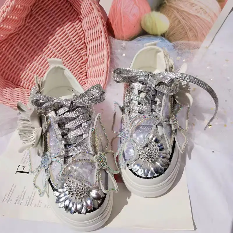 

Hand-made three-dimensional flower rhinestone women's shoes silver comfortable casual sports women's shoes 35-39