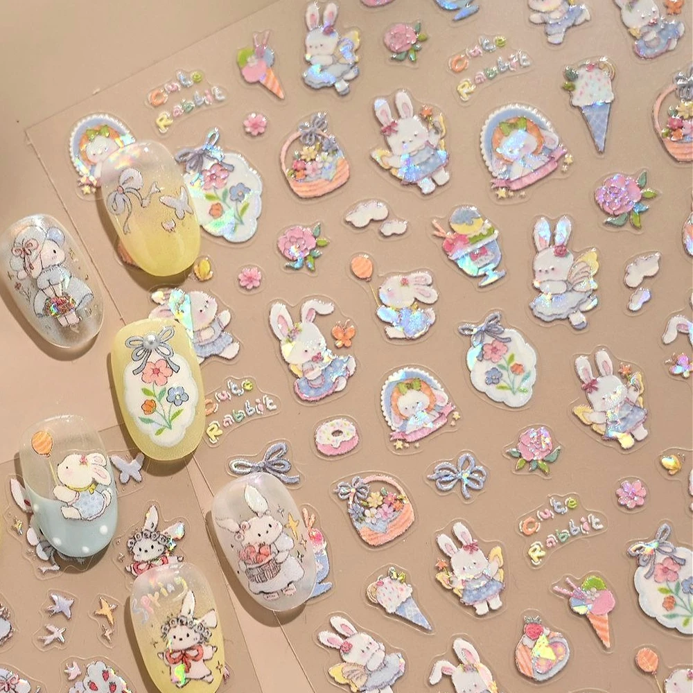 

Cute Bunny Bowknot Flower Basket Sundae Ice Cream Cake Doughnuts Shiny 3D Self Adhesive Nail Art Stickers Bunny Manicure Decals