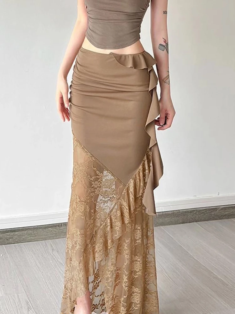 Skirt Vintage Ruffles Design Lace Patchwork High Waist Women Summer New Unique Slimming Irregular Soft Elegant Thin Long Skirts