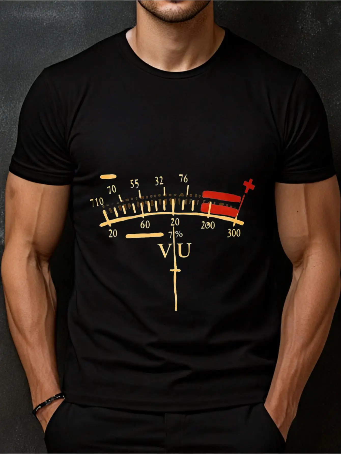 Retro VU Gauge Sound Level Meter 0-Volume Control Graphic T-Shirt 100% Cotton O-Neck Short Sleeve Summer Casual Mens T-shirt