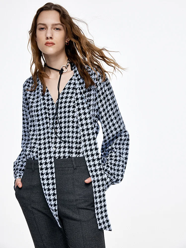 SuyaDream, Women Bow Collar Shirts, 100%Real Silk, Houndstooth Printed Blue Blouses, 2024 Spring Summer Office Lady Top