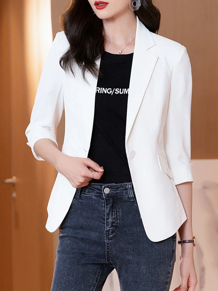 Drei Viertel Solide Dünne Blazer Frauen Mode Einzigen Taste Koreanischen Stil Frühling Sommer Mode Freizeit Einfache Weibliche Büro Anzug