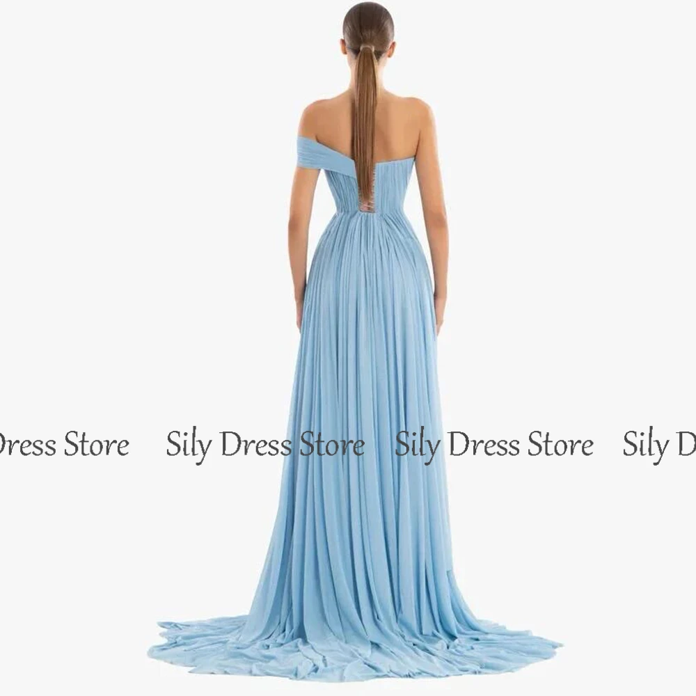 Sexy Evening Dresses Off the Shoulder Chiffon A-line Clubbing Dress Azure Rhinestone/Crystals Pleat Sweep Train Party Gown 2024