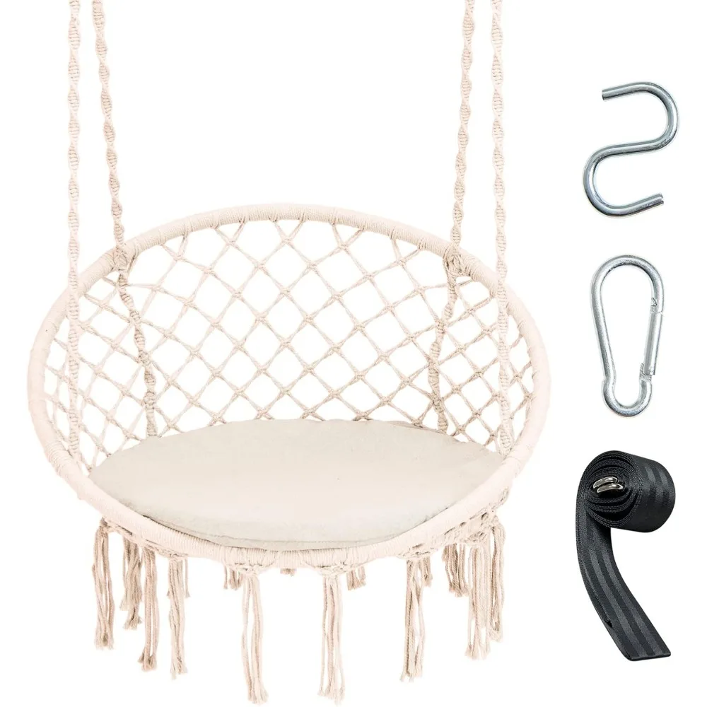 

Hammock Chair Macrame Swing - Hanging Chair with Cushion and Hardware Kit,330 LBS Weight Capacity,Indoor Swing for Hammock Stand