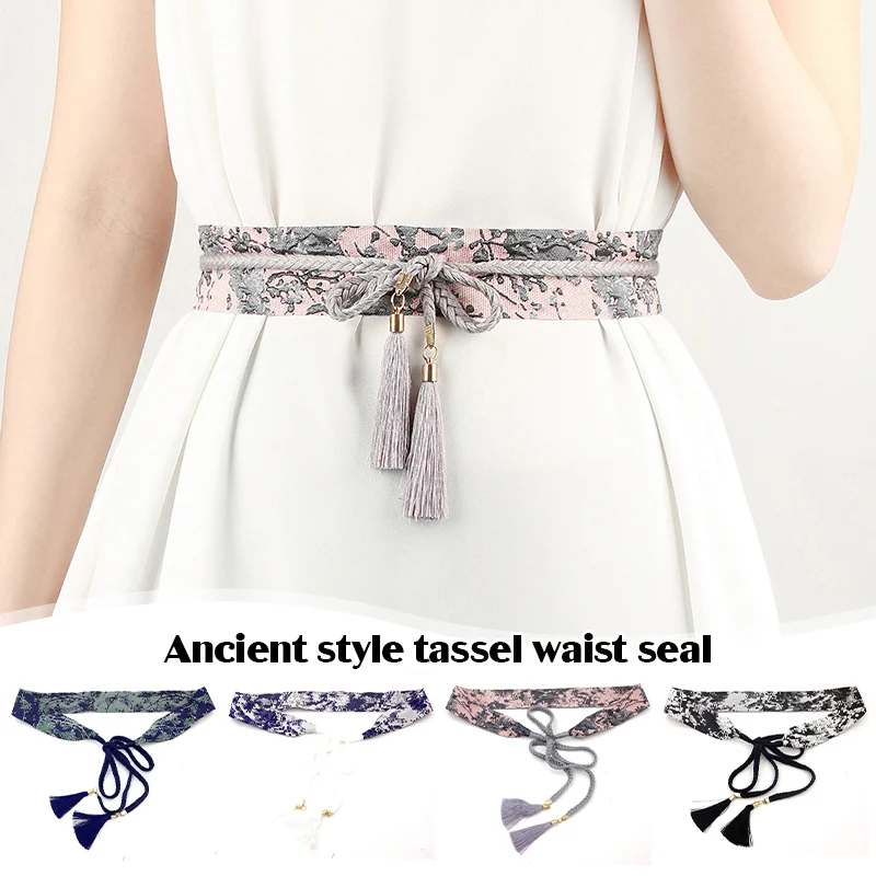 Women Elegant Chinese Style Hanfu Waistband Tassel Pendant Obi Belt Ancient Style Vintage Japanese Kimono Wrap Tie Corset