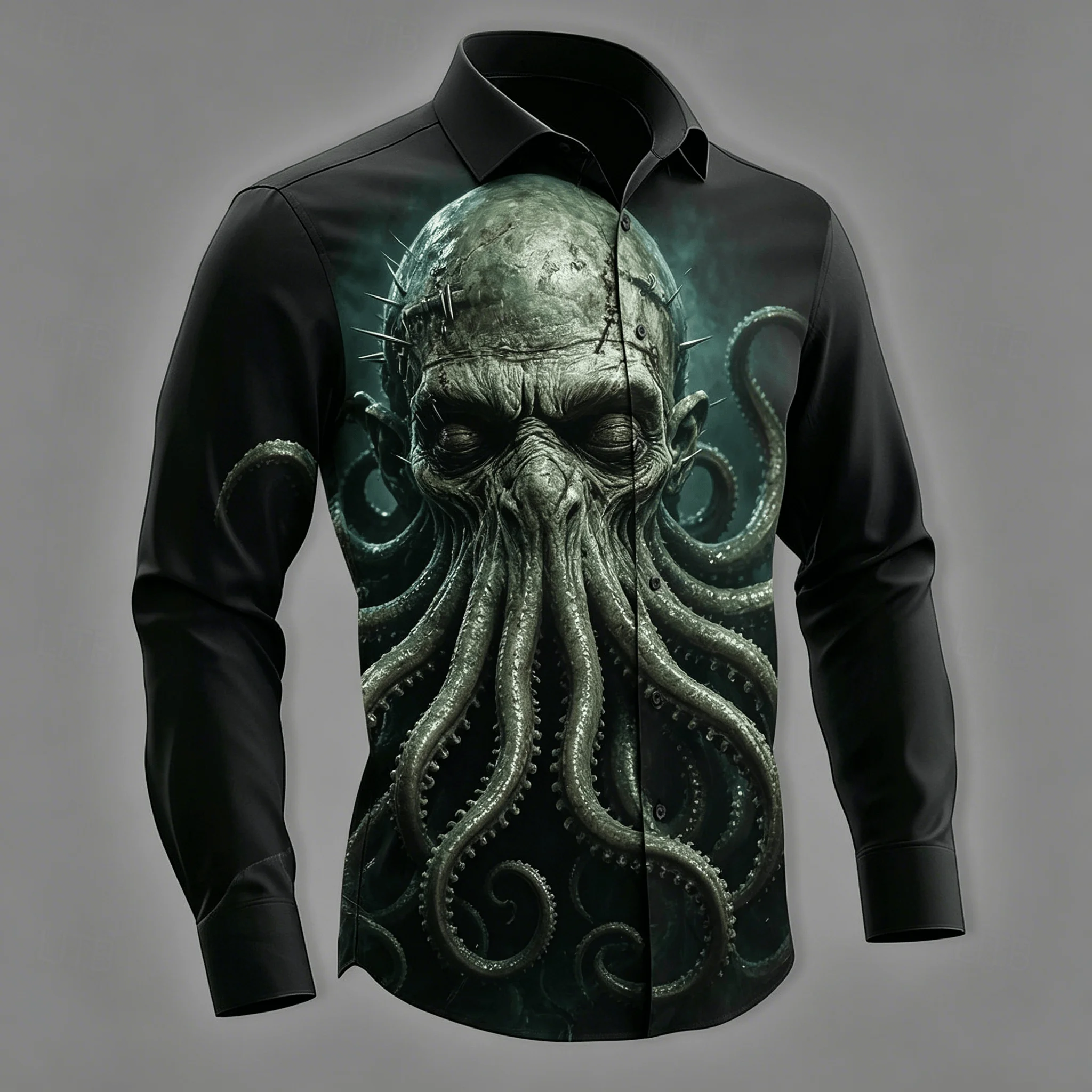 

Men's Dark Fantasy Horror Button Up Shirt, Black with Cthulhu Octopus Sea Monster Print, Gothic Creature Long Sleeve Top