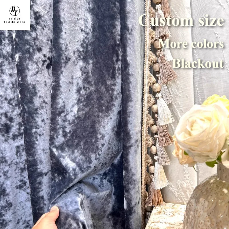 

Dark Blue Ice Flower Silk Velvet Blackout European Curtains for Living Room Bedroom Dining Luxury Grace Custom Size White Tulle