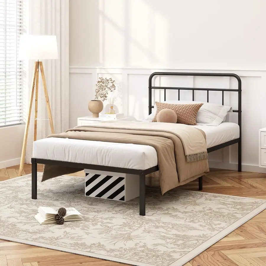 

Кровать Kujielan Twin Size 12 дюймов с минималистичным изголовьем, металлическим основанием-платформой и прочными металлическими ламелями, основание для матраса.