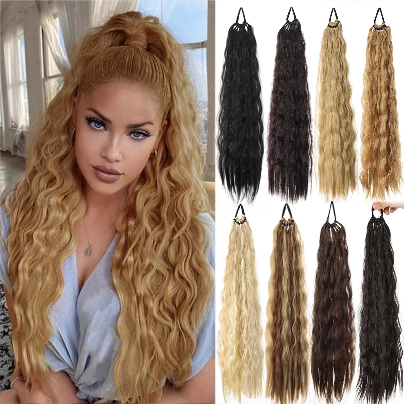 Synthetic 24 inch water ripple ponytail wig with 11 braids and elastic bands suitable for women's daily party wear