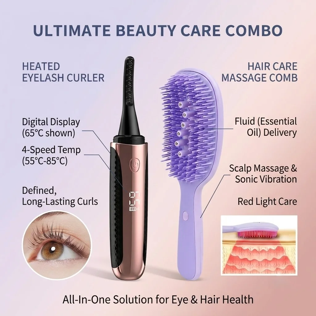 Ensemble de soins de beauté 2 pièces : recourbe-cils chauffant et applicateur de peigne à huile essentielle, masseur de cuir chevelu à lumière rouge pour femmes, outils de maquillage